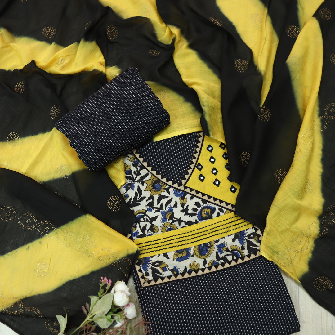 Heeriye Shadow Black Mirror Work Neck Kantha Cotton Suit Set