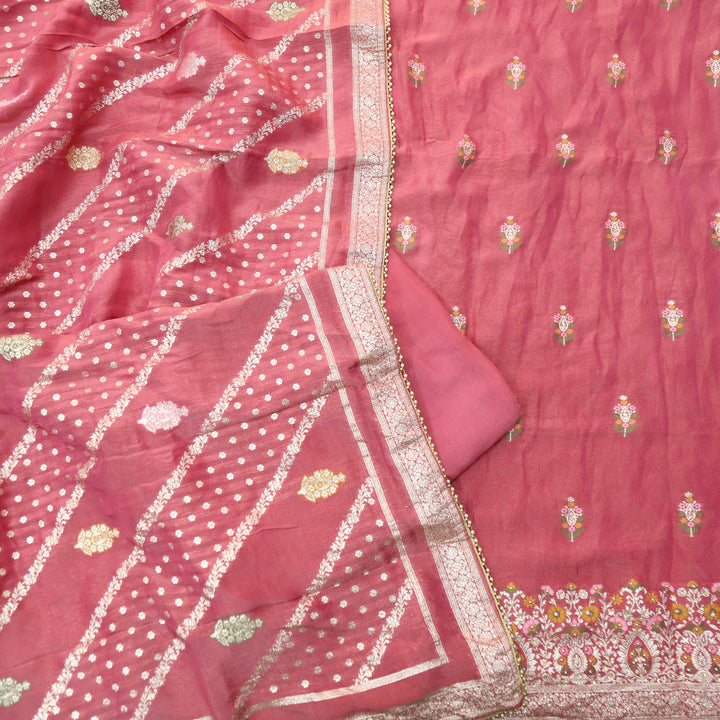 Falak Rouge Pink Brocade Work Hem Shimmer Tissue Silk Suit Set
