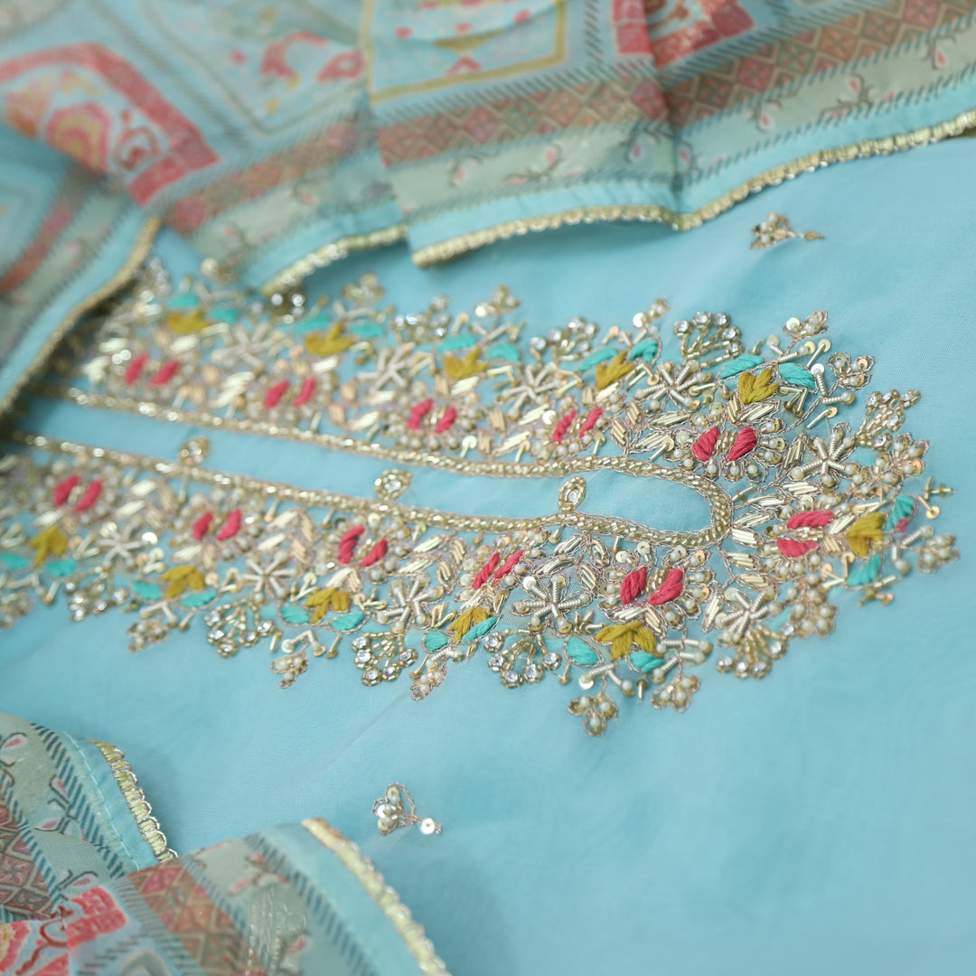 Paheli Cyan Blue Moti and Kardana Embellished Neck Oraganza Suit Set