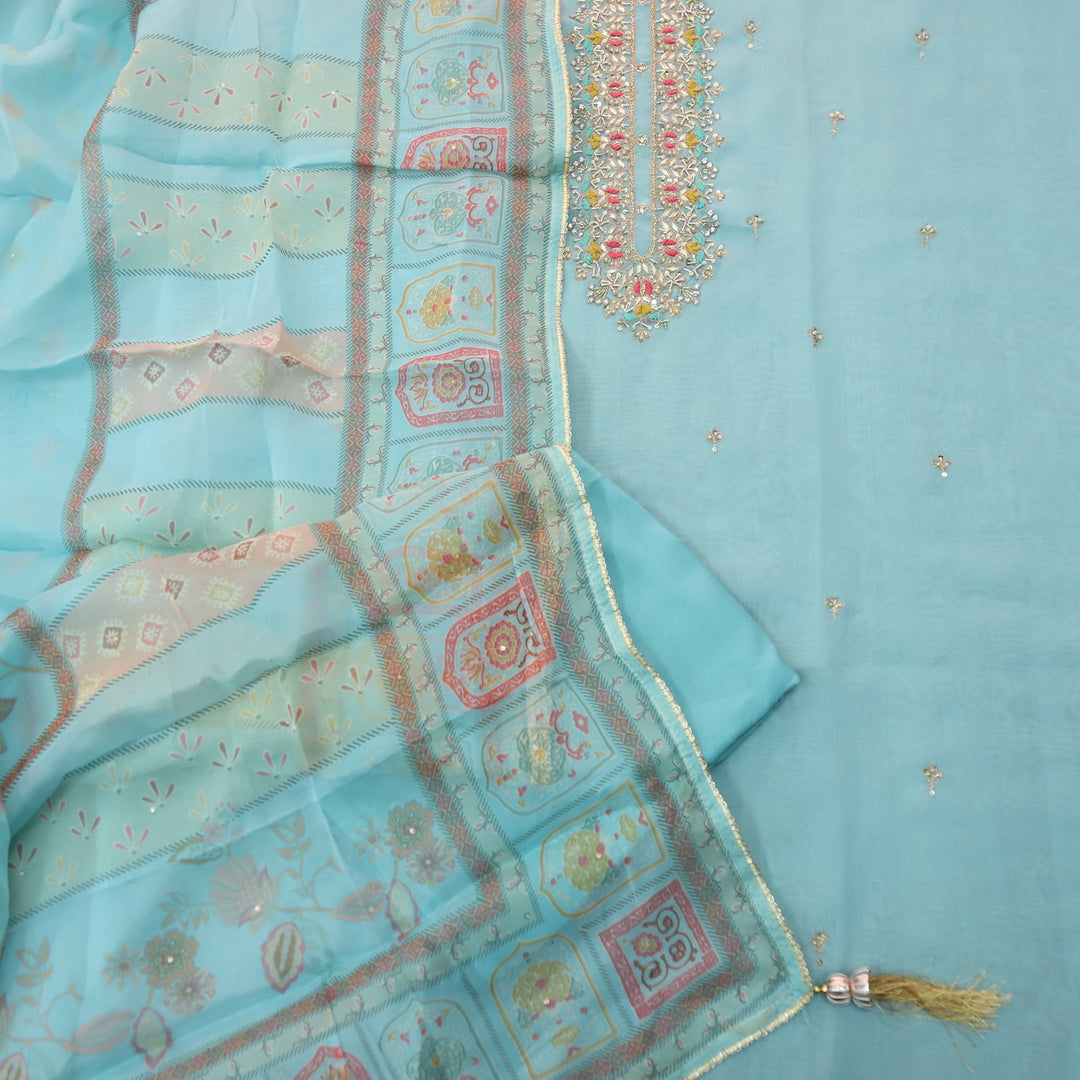 Paheli Cyan Blue Moti and Kardana Embellished Neck Oraganza Suit Set