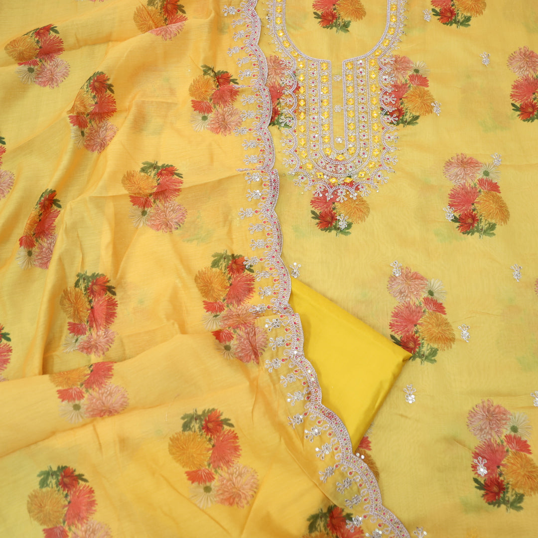 Aatish Yellow Embellished Neck Work Floral Printed Chanderi Suit Set