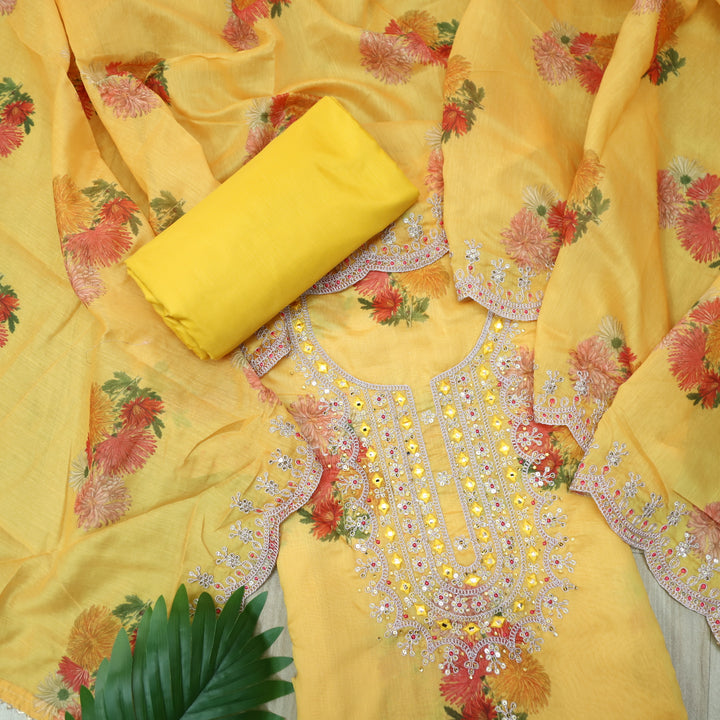 Aatish Yellow Embellished Neck Work Floral Printed Chanderi Suit Set