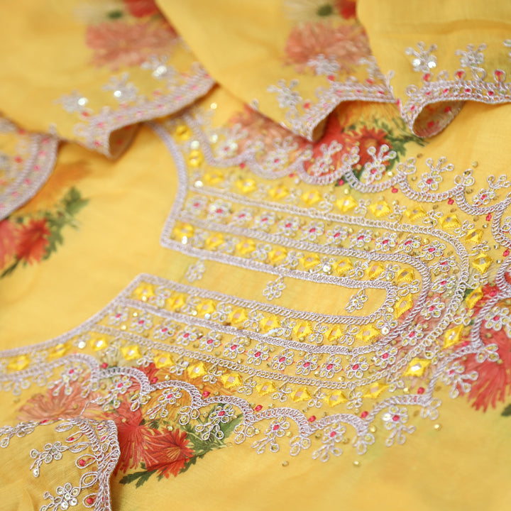 Aatish Yellow Embellished Neck Work Floral Printed Chanderi Suit Set