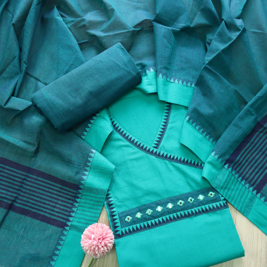 Sanskruti Teal Blue Angrakha Style South Cotton Temple Hem Suit Set