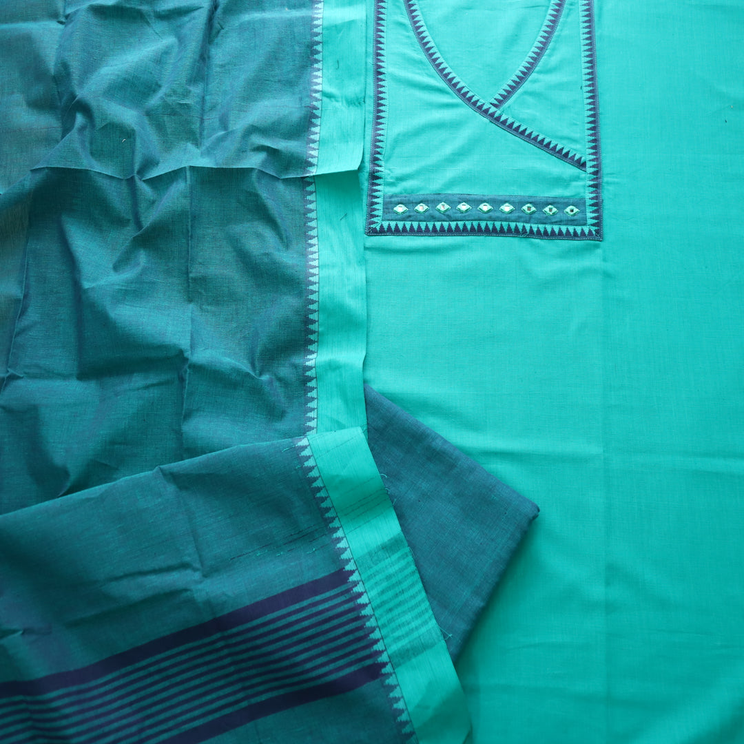 Sanskruti Teal Blue Angrakha Style South Cotton Temple Hem Suit Set