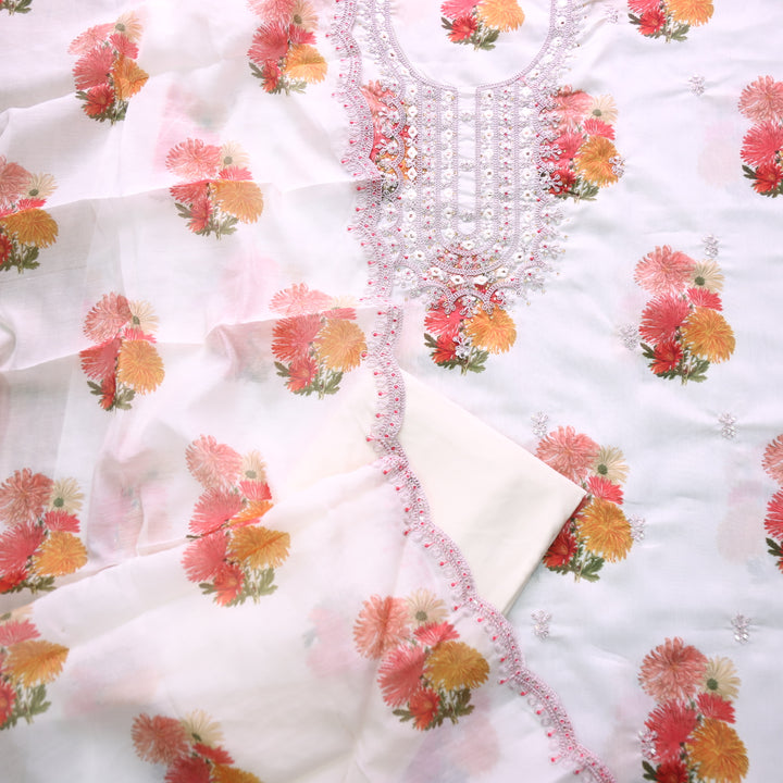 Aatish White Embellished Neck Work Floral Printed Chanderi Suit Set