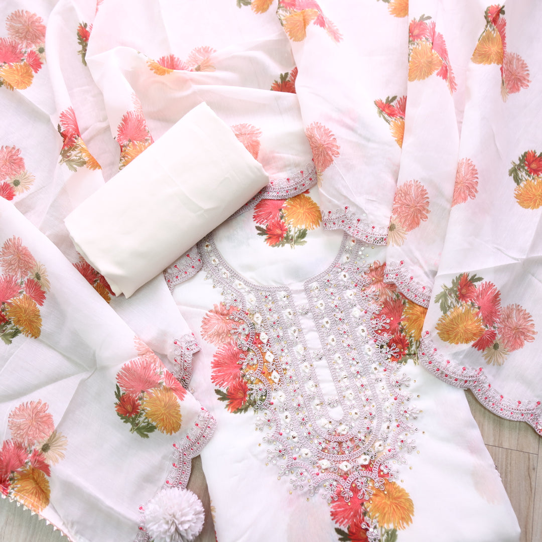 Aatish White Embellished Neck Work Floral Printed Chanderi Suit Set