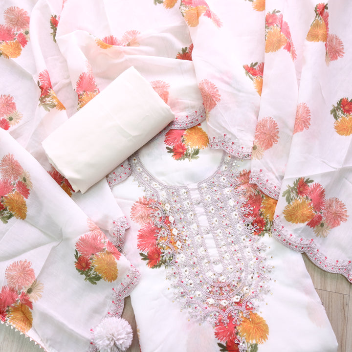 Aatish White Embellished Neck Work Floral Printed Chanderi Suit Set