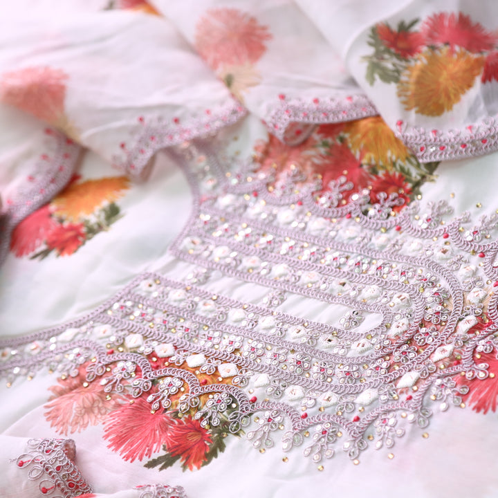 Aatish White Embellished Neck Work Floral Printed Chanderi Suit Set