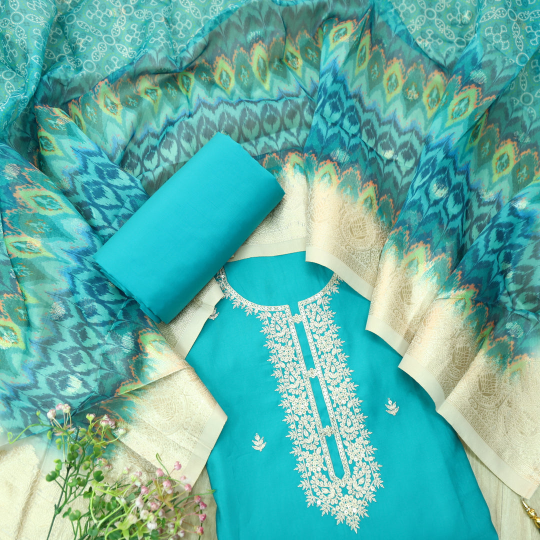 Ishaani Aqua Blue Embellish Zari Neck Work Modal Suit Set