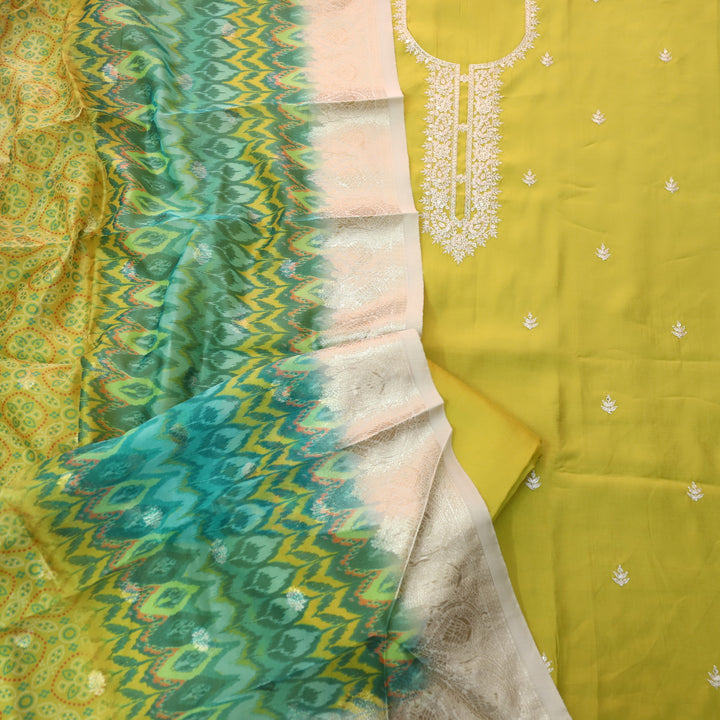 Ishaani Lemon Yellow Embellish Zari Neck Work Modal Suit Set