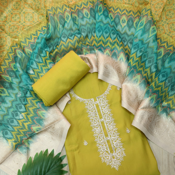 Ishaani Lemon Yellow Embellish Zari Neck Work Modal Suit Set