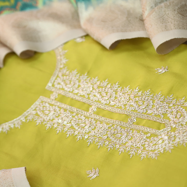 Ishaani Lemon Yellow Embellish Zari Neck Work Modal Suit Set