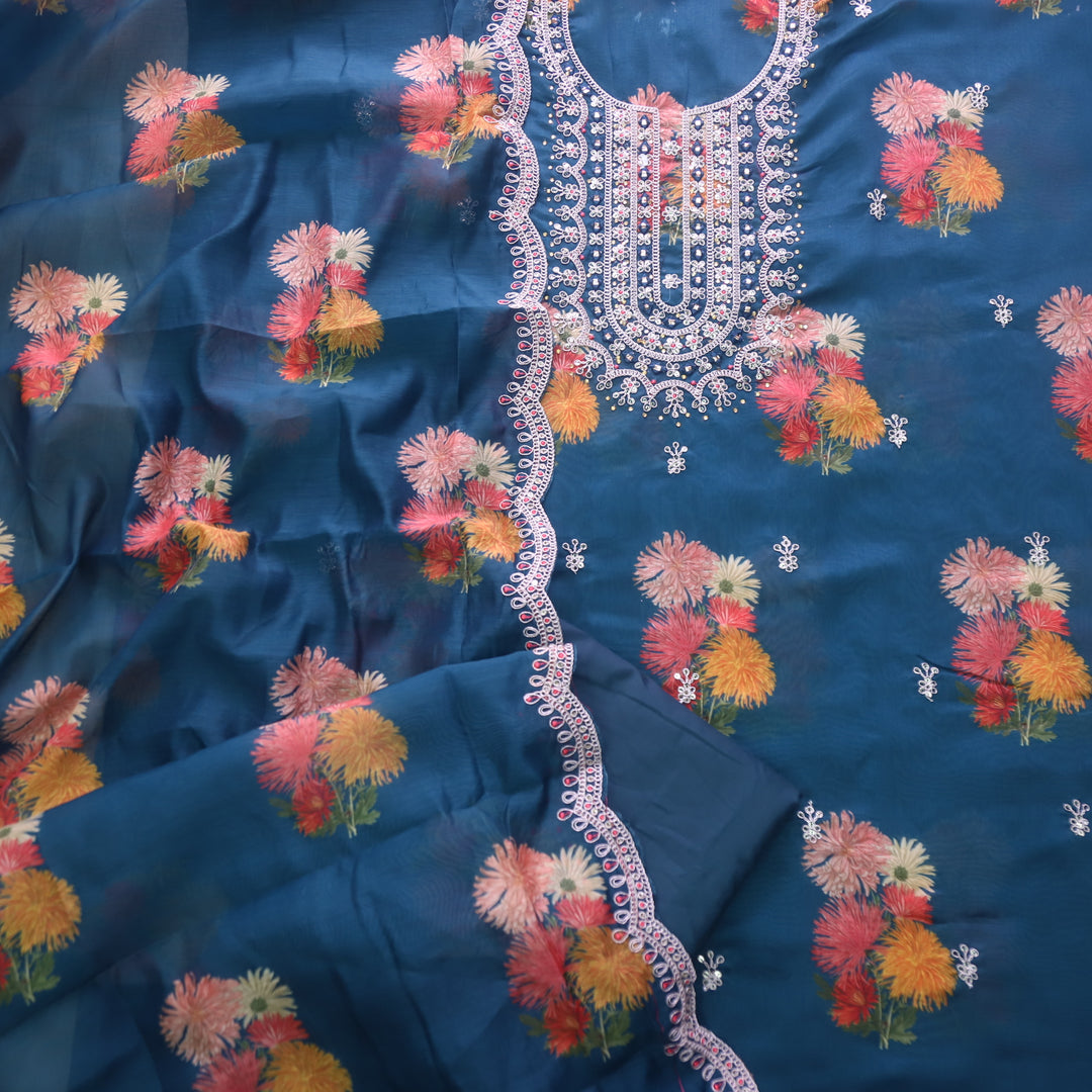 Aatish Dark Blue Embellished Neck Work Floral Printed Chanderi Suit Set