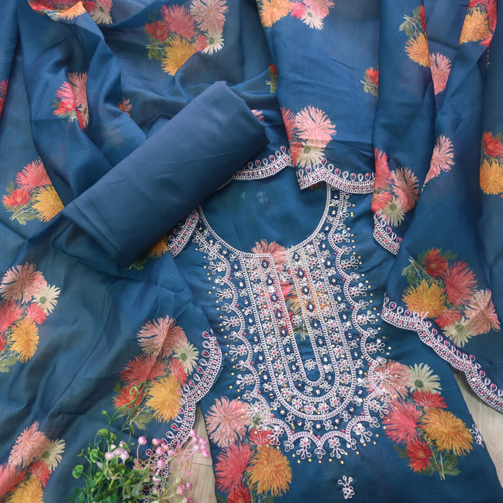 Aatish Dark Blue Embellished Neck Work Floral Printed Chanderi Suit Set
