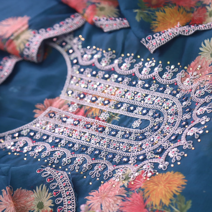 Aatish Dark Blue Embellished Neck Work Floral Printed Chanderi Suit Set