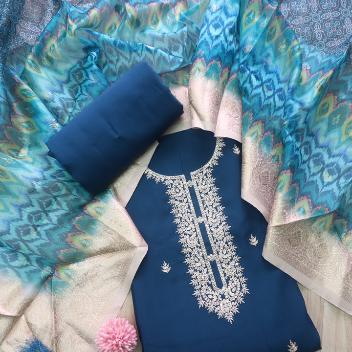 Ishaani Peacock Blue Embellish Zari Neck Work Modal Suit Set