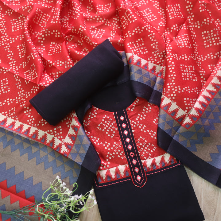 Rukshat Coal Black with Printed Patch Neck Cotton Flex Suit Set