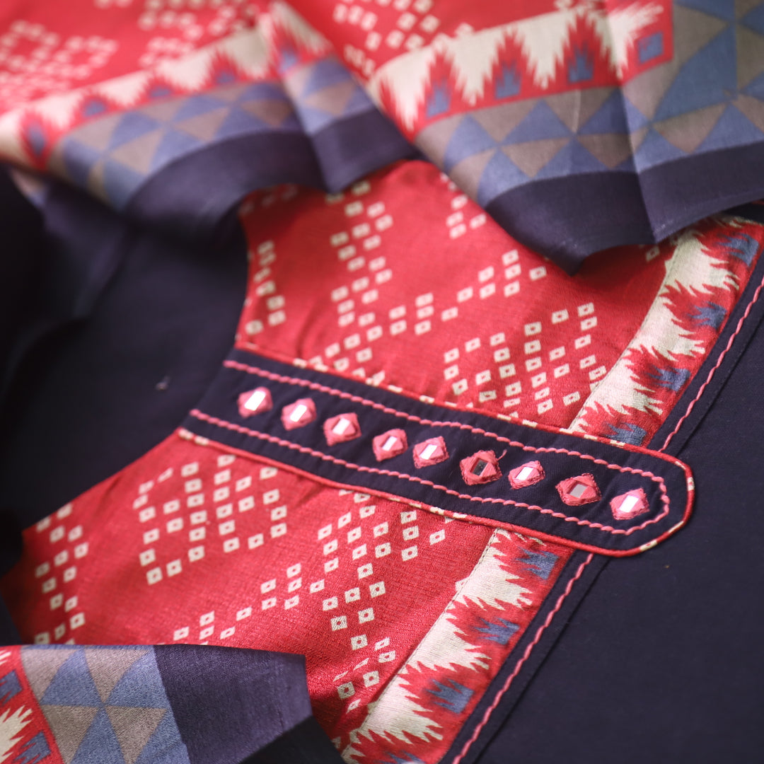 Rukshat Coal Black with Printed Patch Neck Cotton Flex Suit Set