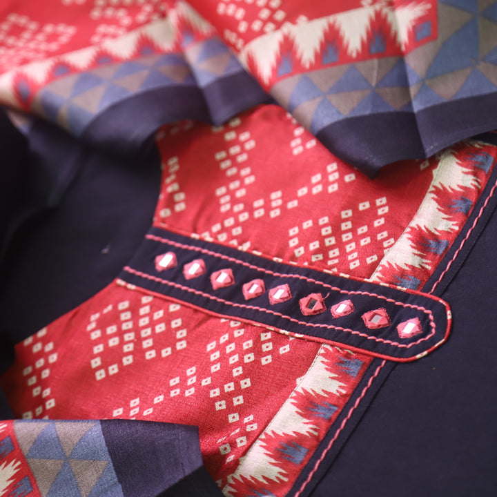 Rukshat Coal Black with Printed Patch Neck Cotton Flex Suit Set