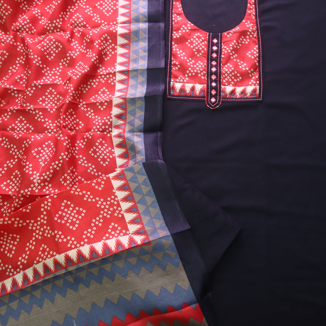 Rukshat Coal Black with Printed Patch Neck Cotton Flex Suit Set