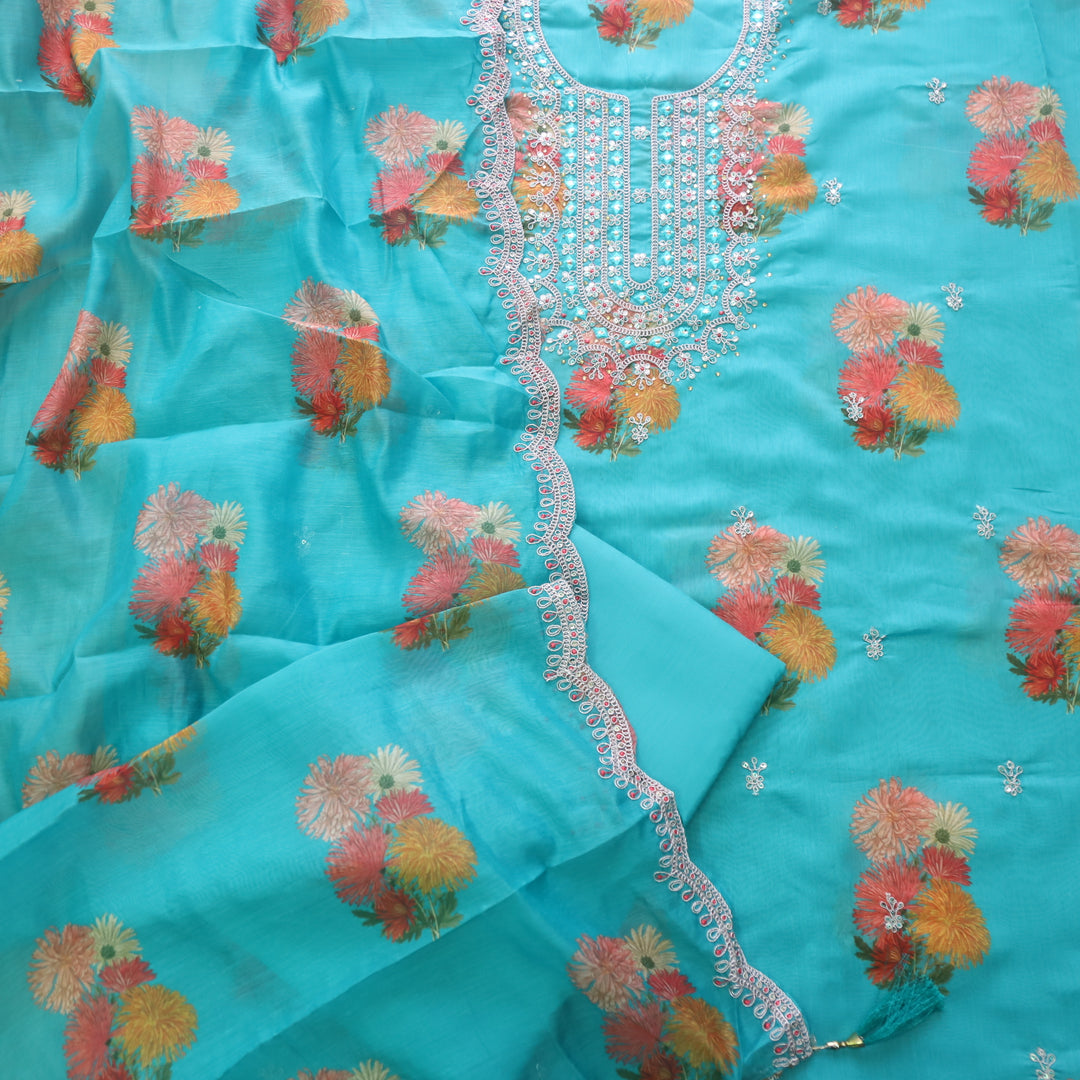 Aatish Marine Teal Embellished Neck Work Floral Printed Chanderi Suit Set