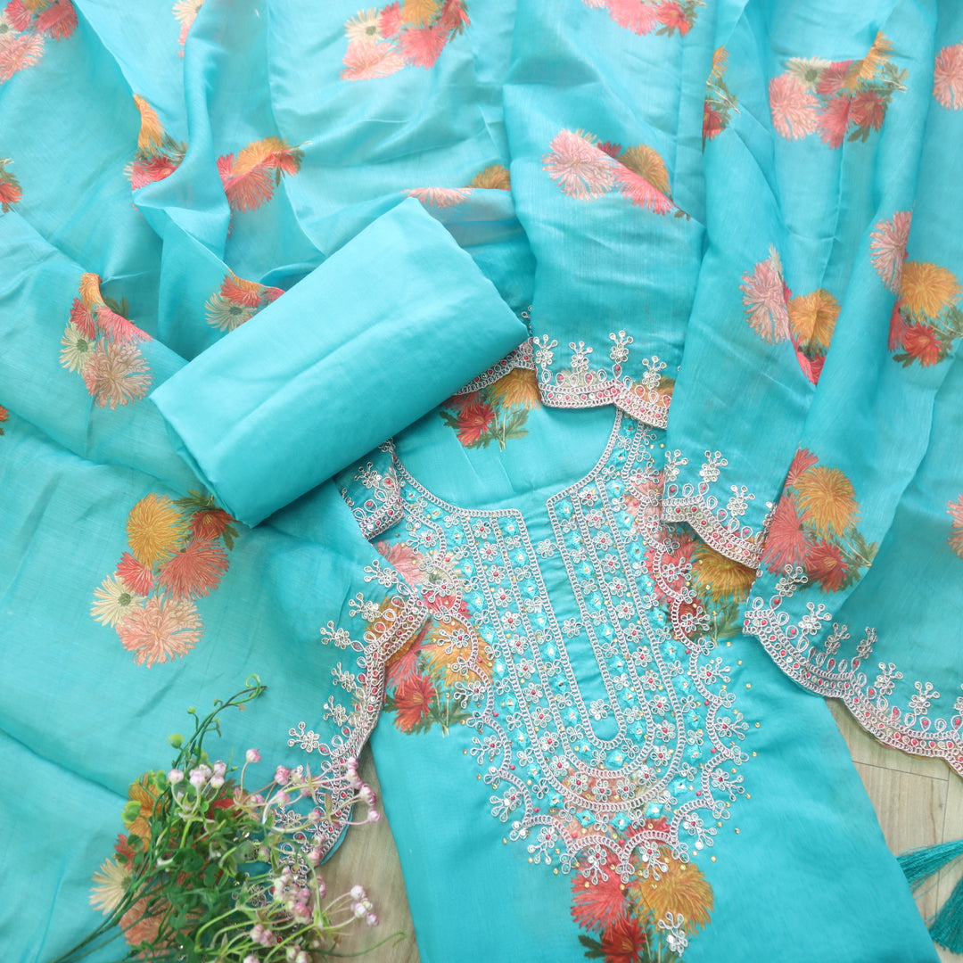 Aatish Marine Teal Embellished Neck Work Floral Printed Chanderi Suit Set