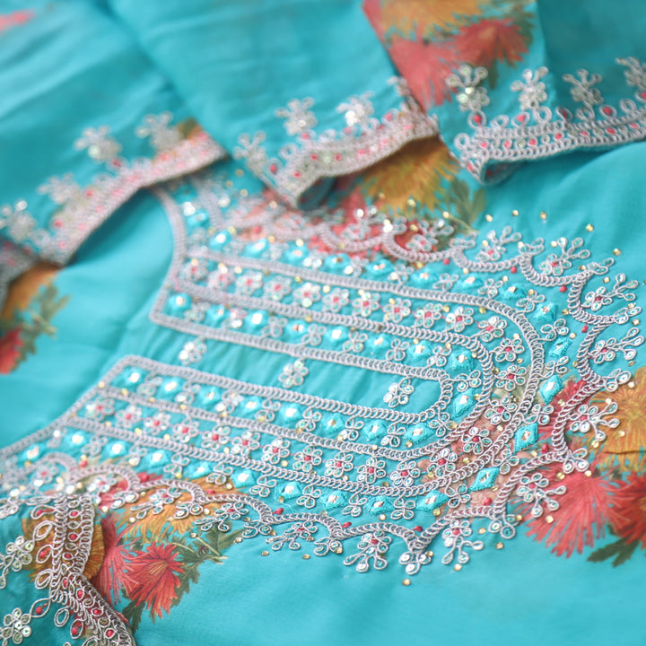 Aatish Marine Teal Embellished Neck Work Floral Printed Chanderi Suit Set
