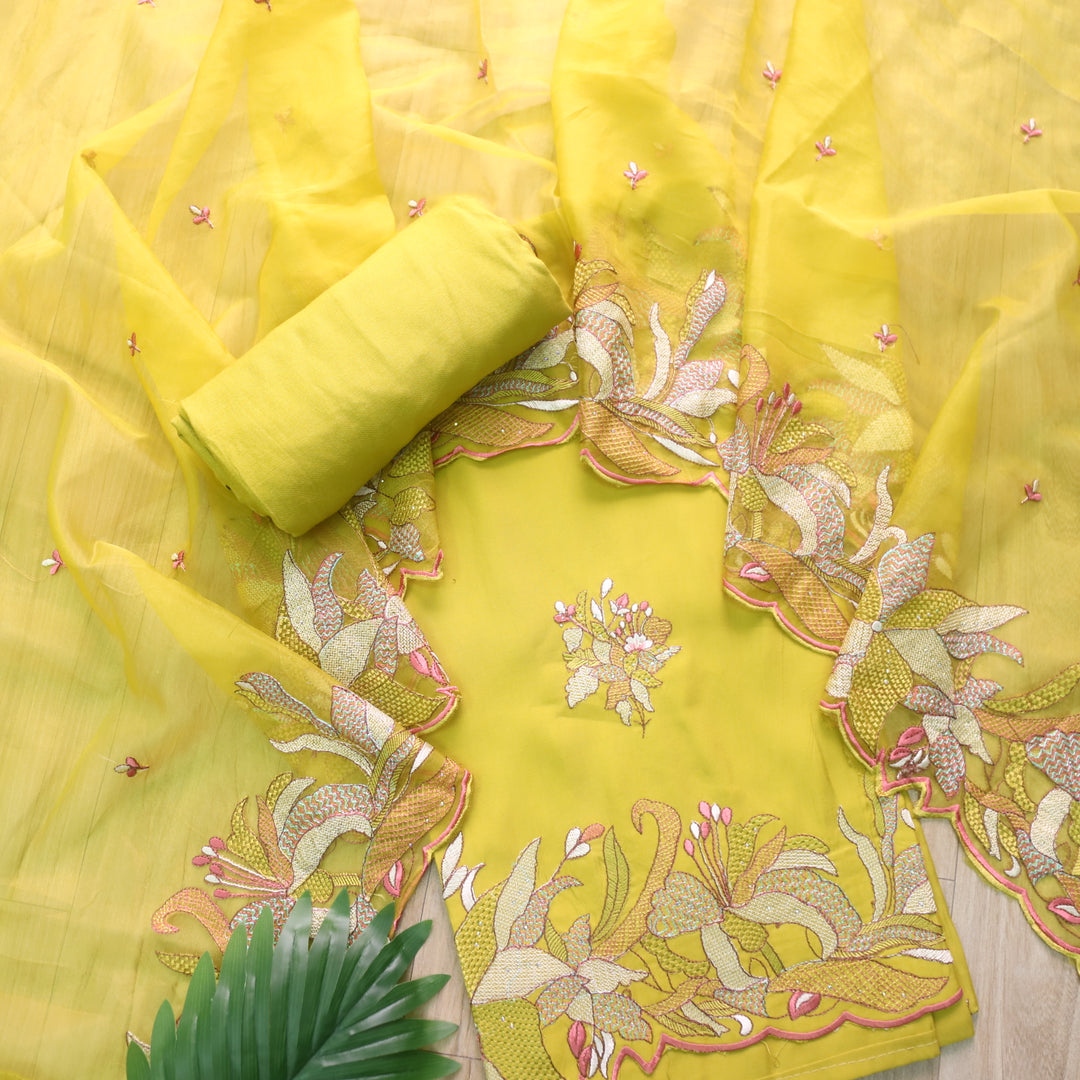 Ada Turmeric Yellow with Cut Work Embroidered Hem Modal Suit Set