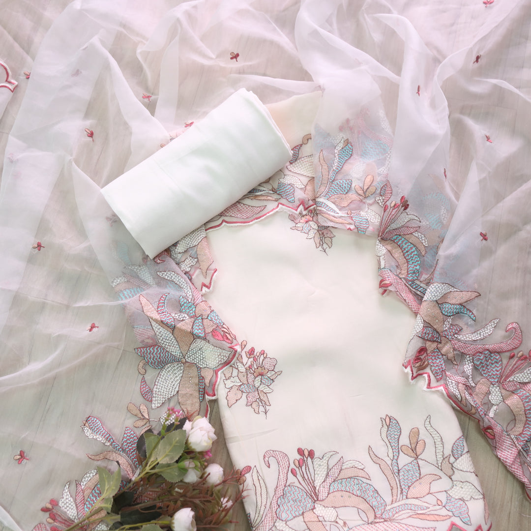 Ada Ivory White with Cut Work Embroidered Hem Modal Suit Set