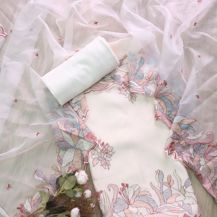 Ada Ivory White with Cut Work Embroidered Hem Modal Suit Set
