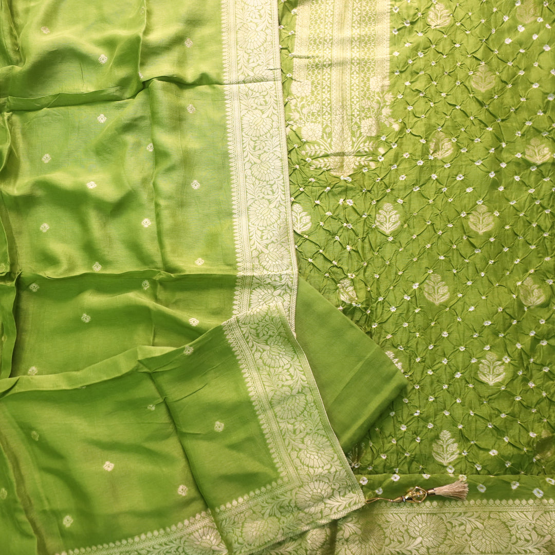 Bahaar Leaf Green Zari Neck with All Over Bandhej Work Crepe Silk Suit