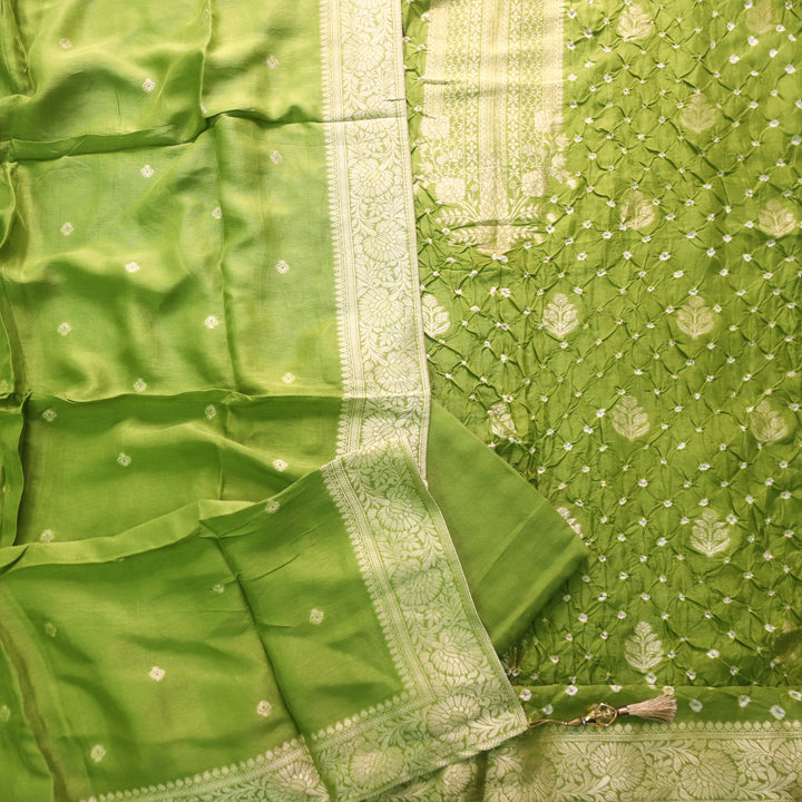 Bahaar Leaf Green Zari Neck with All Over Bandhej Work Crepe Silk Suit