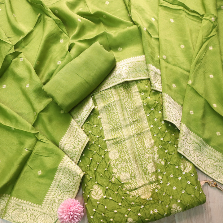 Bahaar Leaf Green Zari Neck with All Over Bandhej Work Crepe Silk Suit
