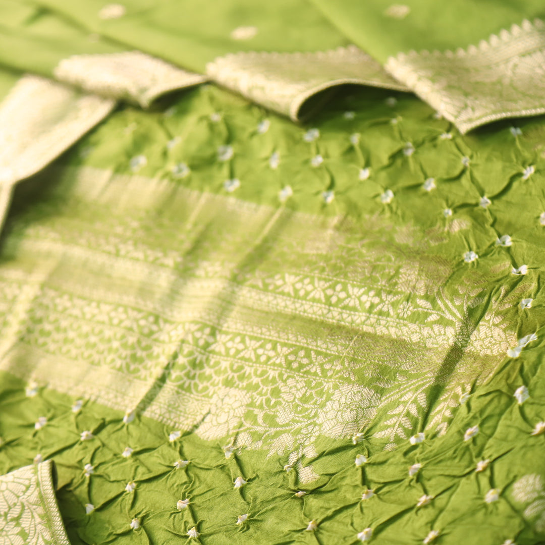 Bahaar Leaf Green Zari Neck with All Over Bandhej Work Crepe Silk Suit