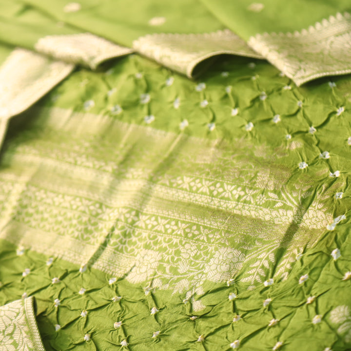 Bahaar Leaf Green Zari Neck with All Over Bandhej Work Crepe Silk Suit
