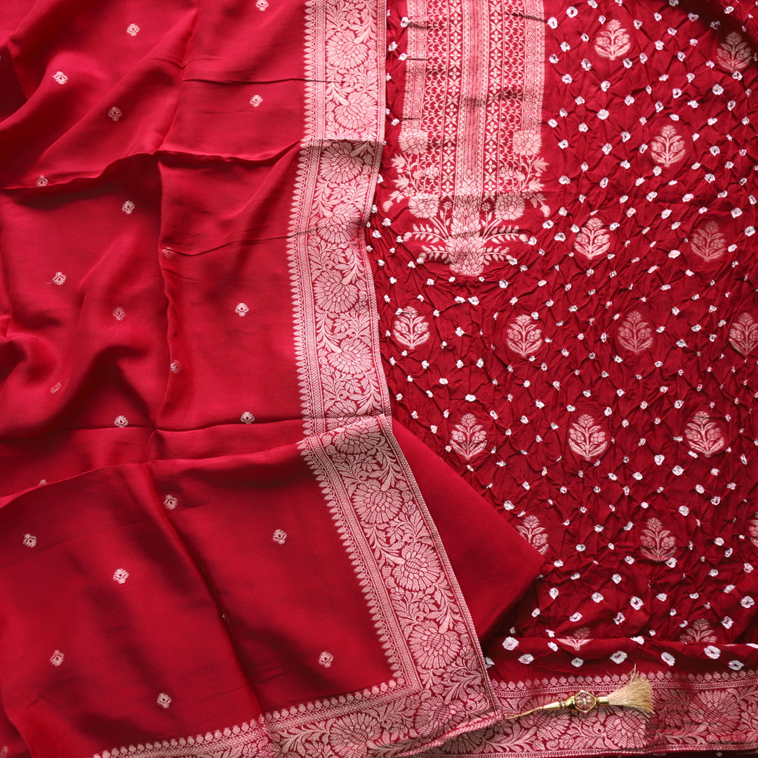 Bahaar Dark Maroon Zari Neck with All Over Bandhej Work Crepe Silk Suit