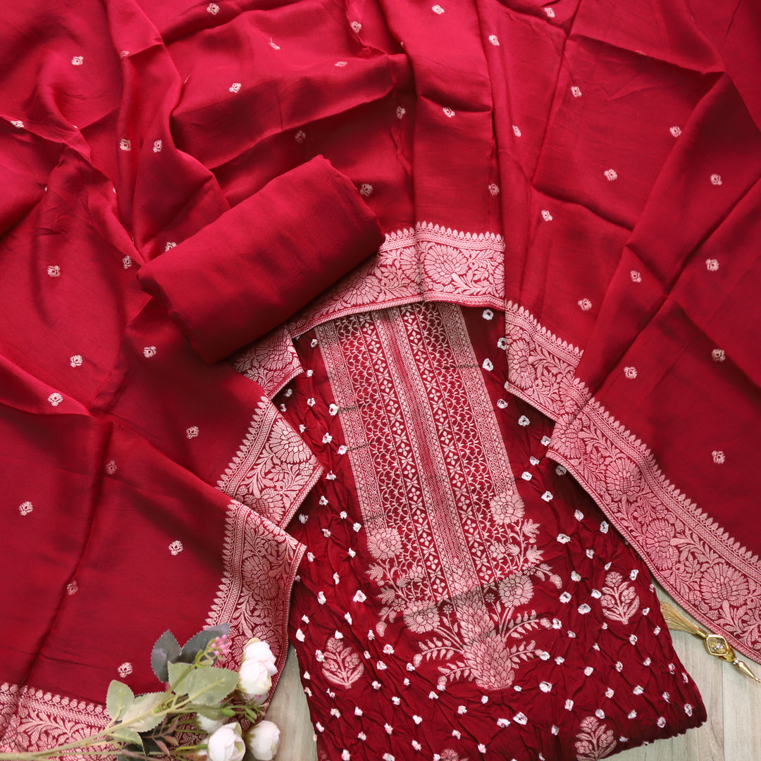 Bahaar Dark Maroon Zari Neck with All Over Bandhej Work Crepe Silk Suit