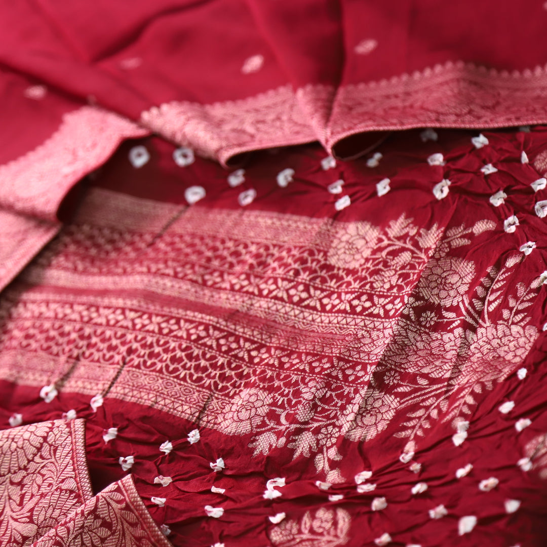 Bahaar Dark Maroon Zari Neck with All Over Bandhej Work Crepe Silk Suit