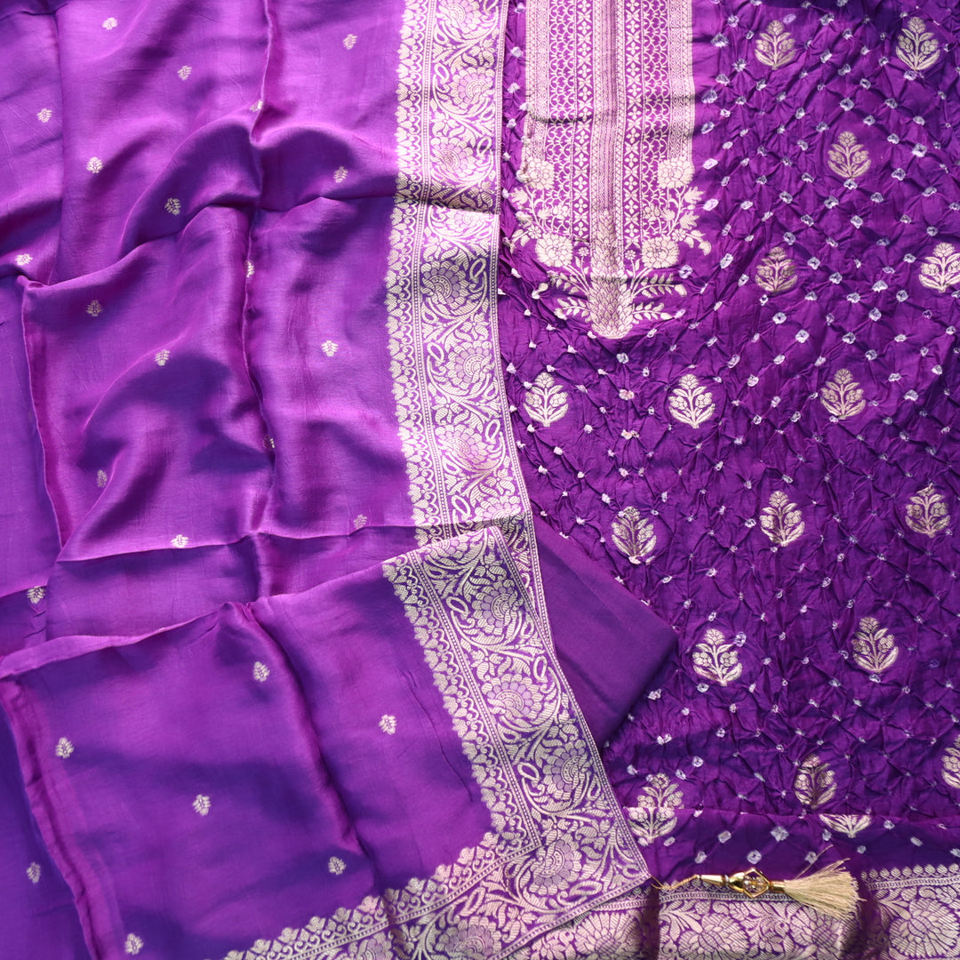 Bahaar Vibrant Purple Zari Neck with All Over Bandhej Work Crepe Silk Suit