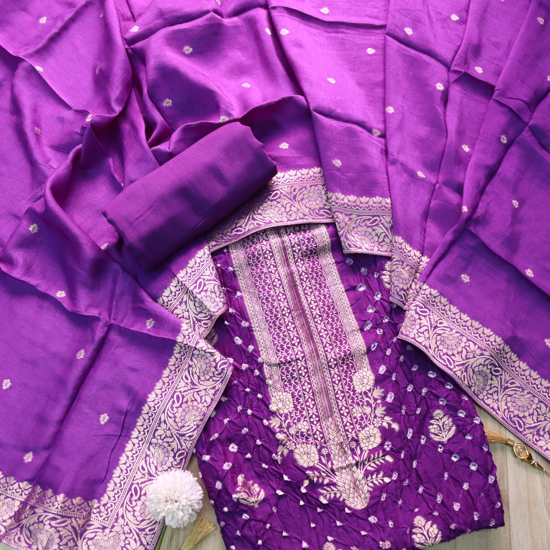 Bahaar Vibrant Purple Zari Neck with All Over Bandhej Work Crepe Silk Suit