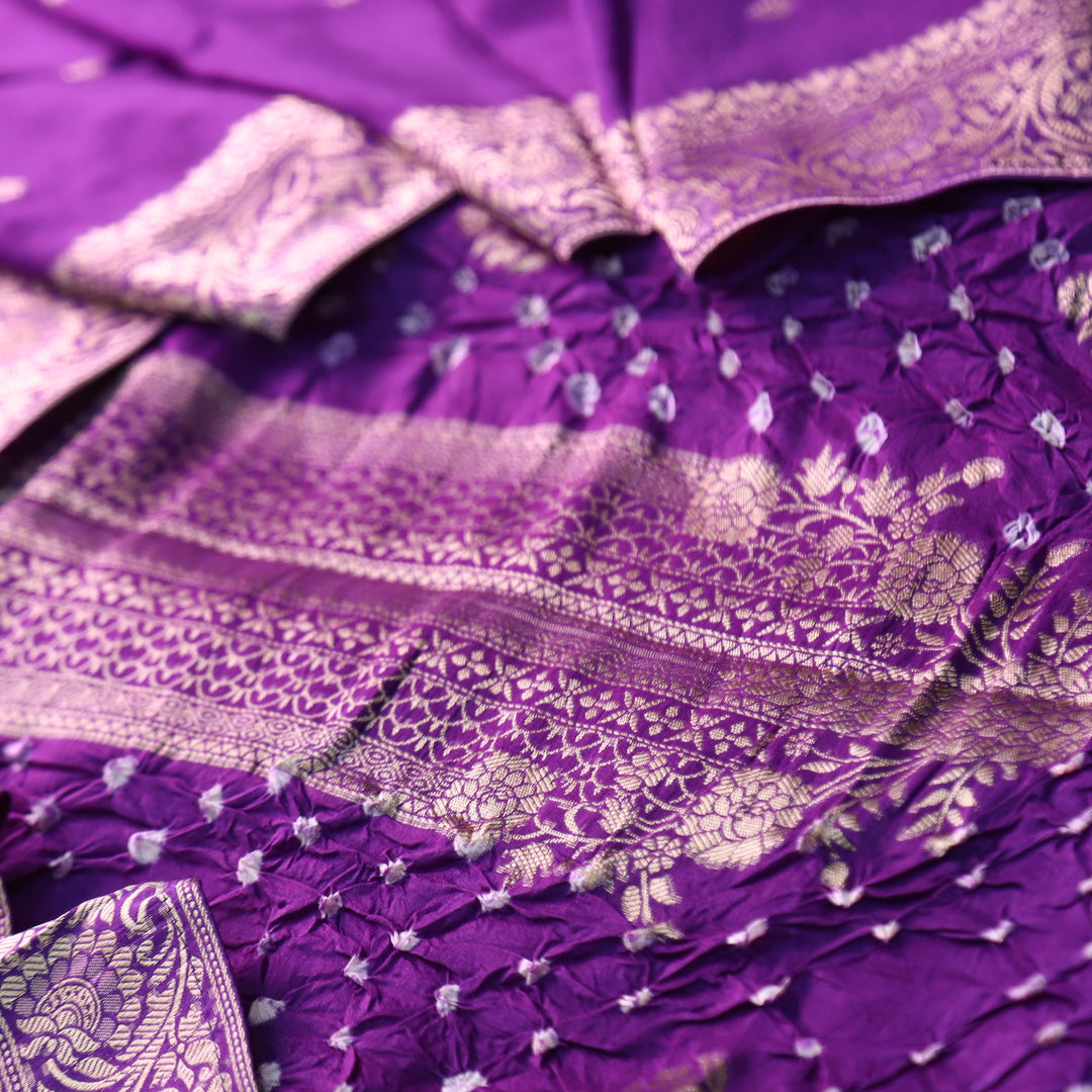 Bahaar Vibrant Purple Zari Neck with All Over Bandhej Work Crepe Silk Suit