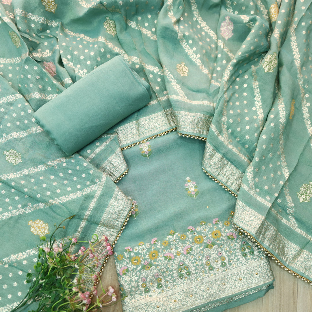 Falak Castel Green Brocade Work Hem Shimmer Tissue Silk Suit Set