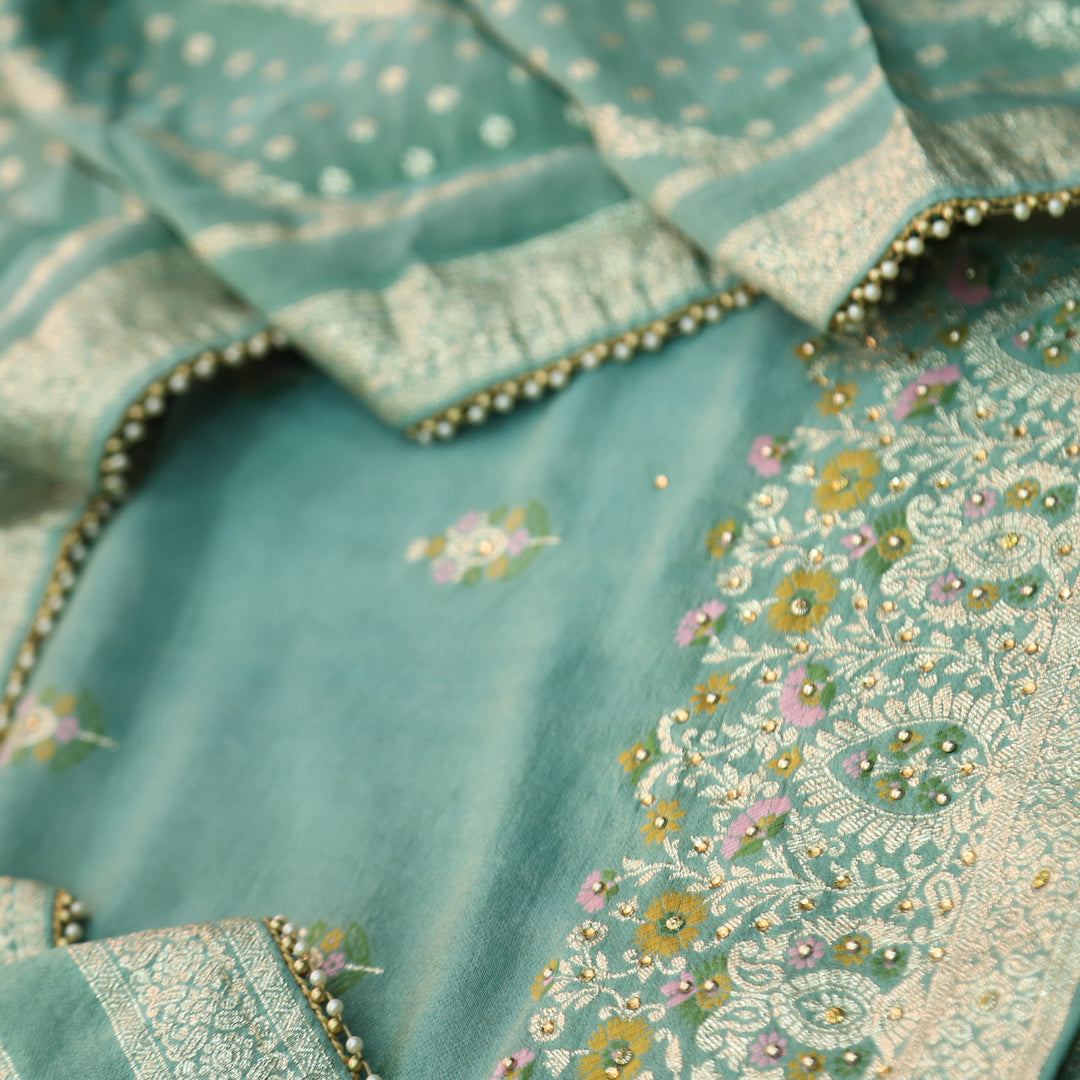 Falak Castel Green Brocade Work Hem Shimmer Tissue Silk Suit Set