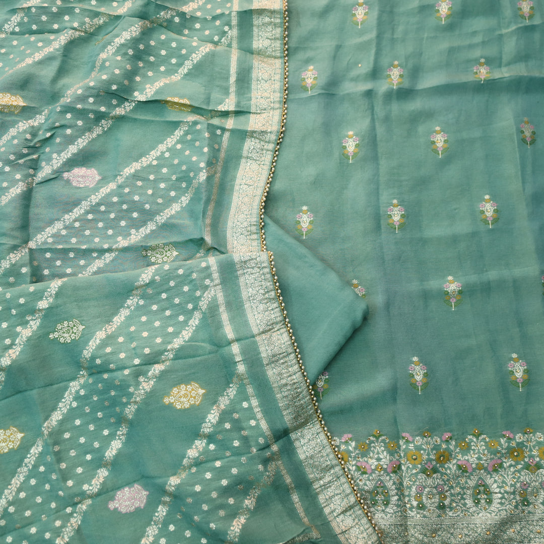 Falak Castel Green Brocade Work Hem Shimmer Tissue Silk Suit Set