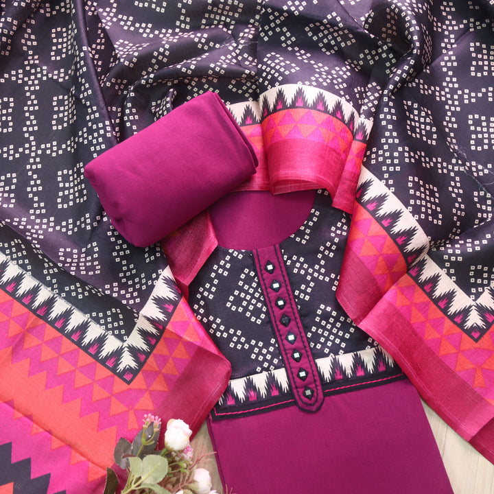 Rukshat Berry Purple with Printed Patch Neck Cotton Flex Suit Set