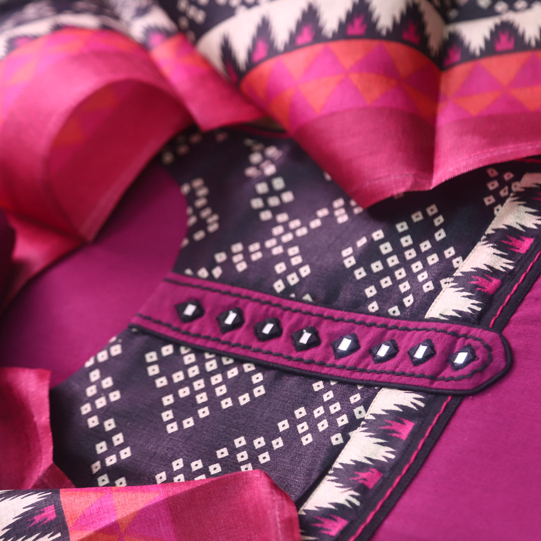 Rukshat Berry Purple with Printed Patch Neck Cotton Flex Suit Set