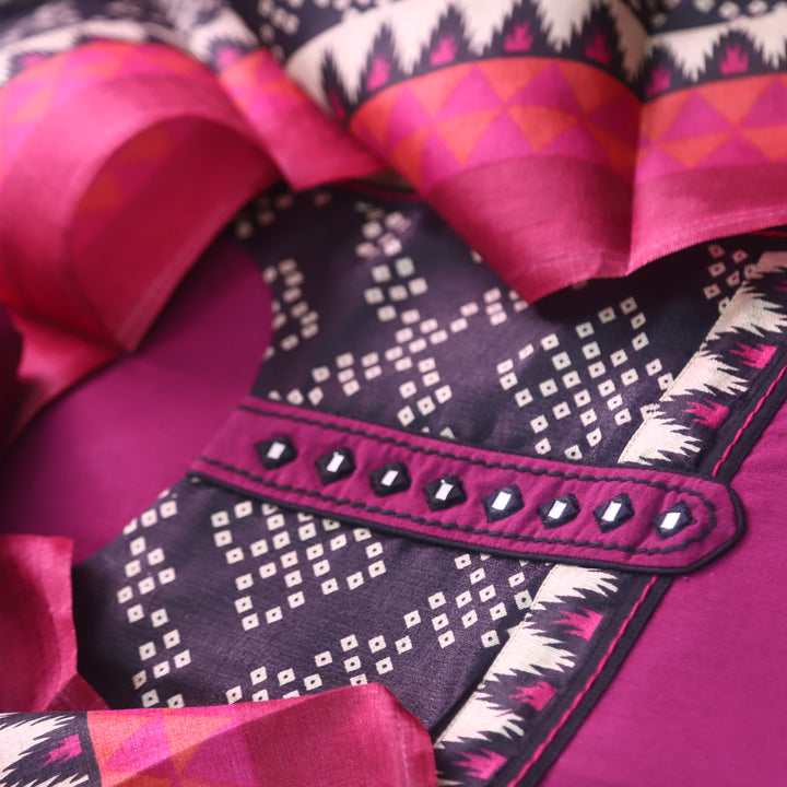 Rukshat Berry Purple with Printed Patch Neck Cotton Flex Suit Set