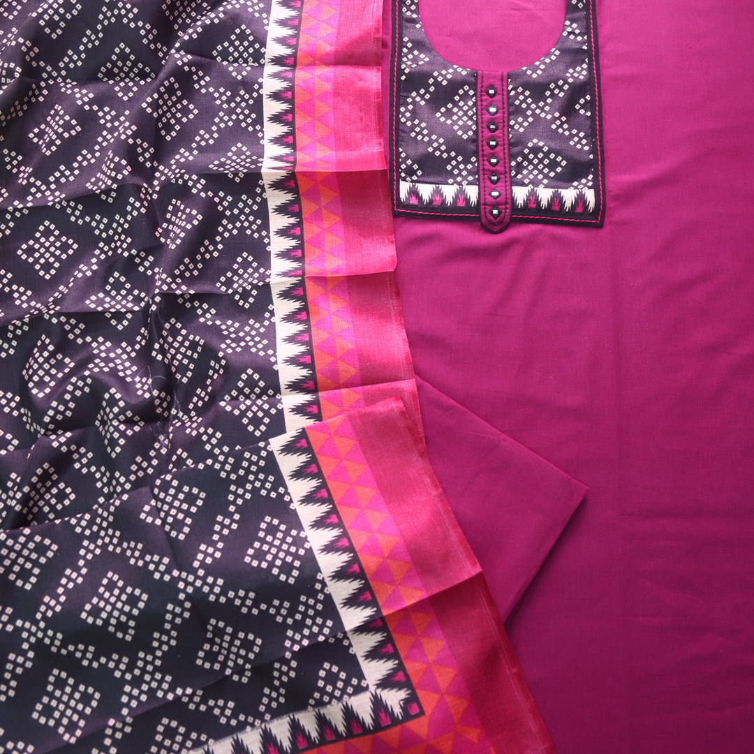 Rukshat Berry Purple with Printed Patch Neck Cotton Flex Suit Set