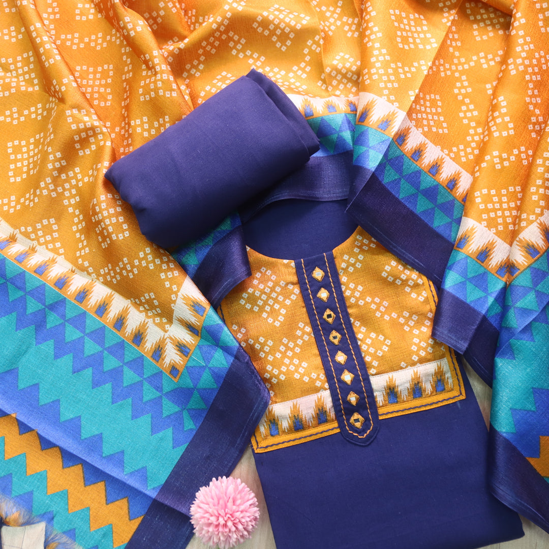 Rukshat Royal Blue with Printed Patch Neck Cotton Flex Suit Set
